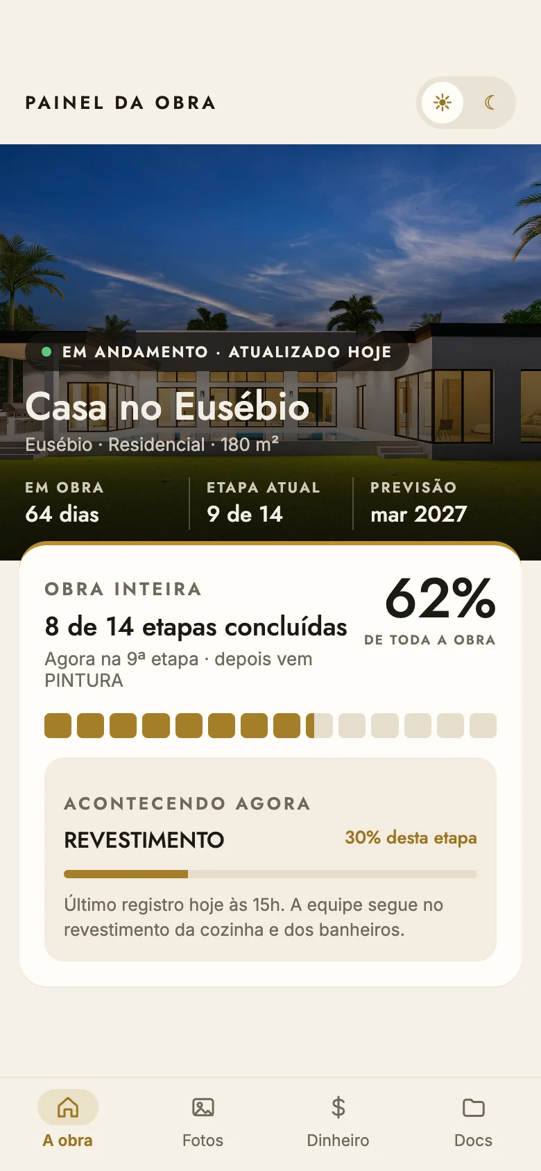 Painel da obra: etapas concluídas, etapa atual e previsão de entrega