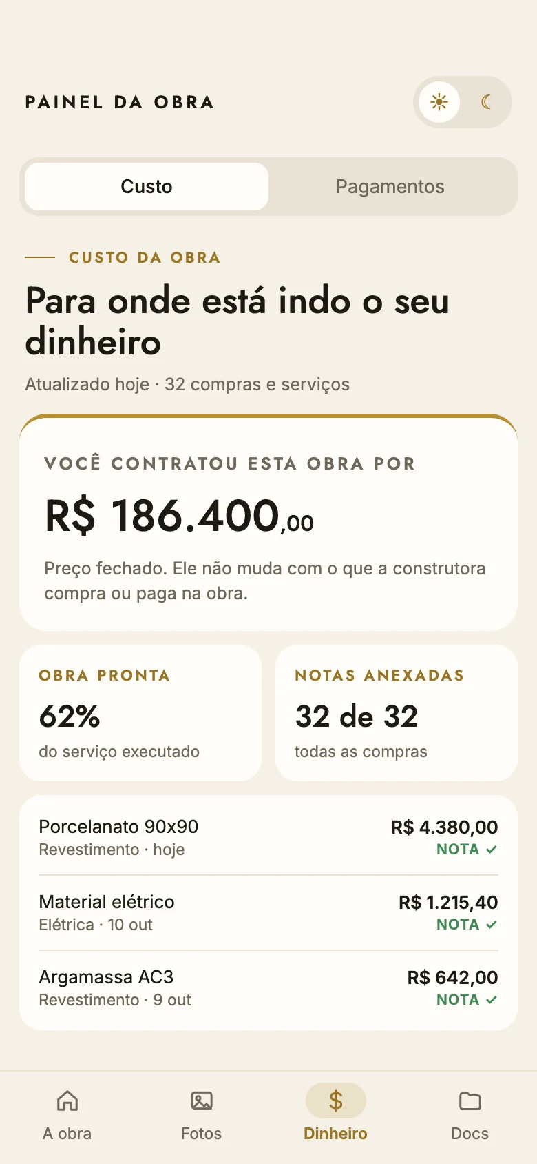 Painel da obra: custo por etapa, compras com nota anexada