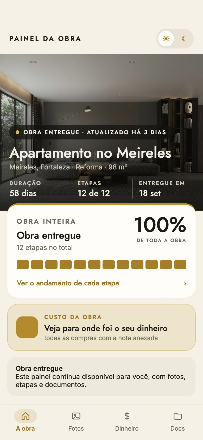 Painel de uma obra entregue: todas as etapas concluídas, documentos e custo